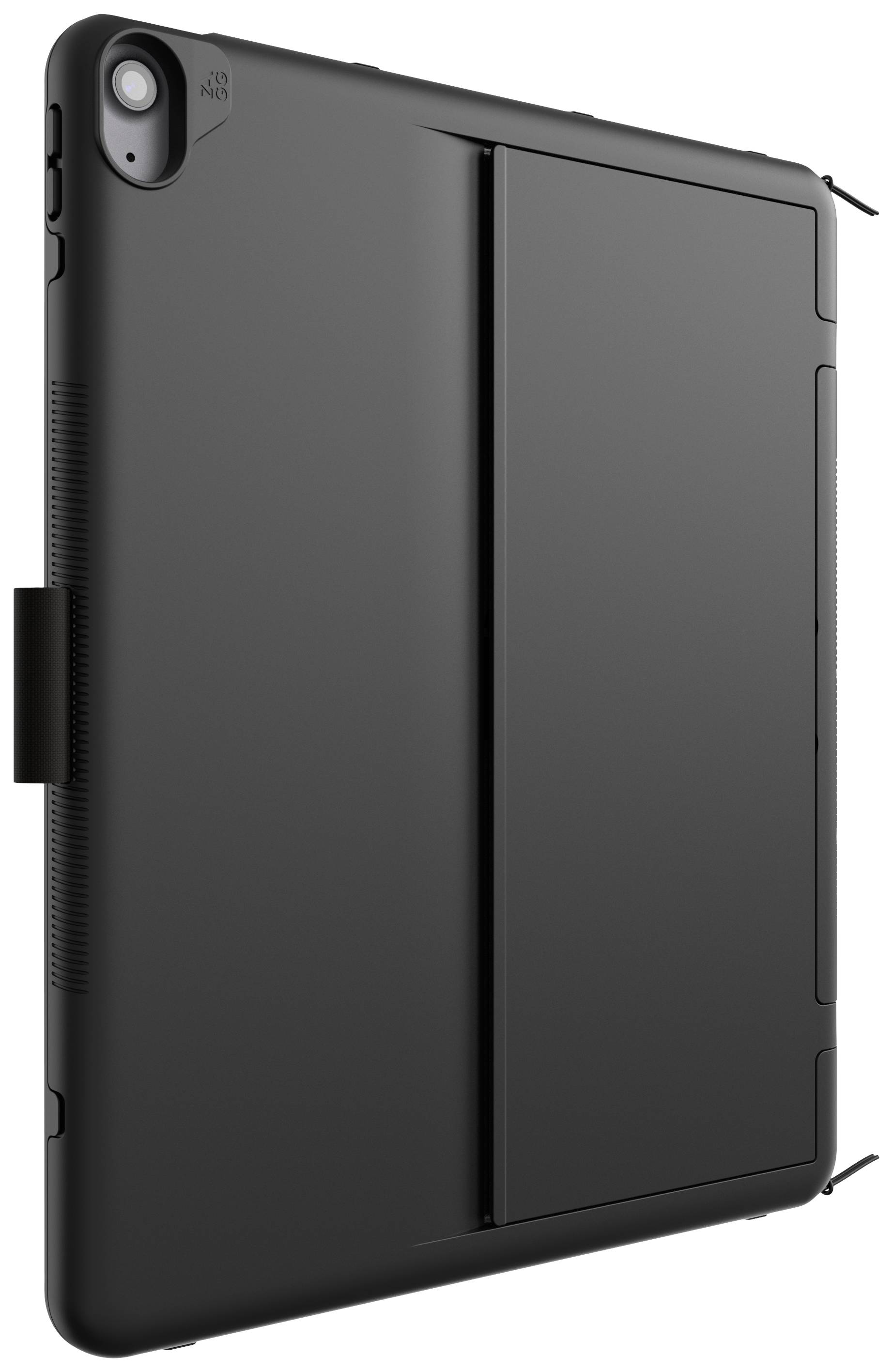 Tablette noire avec boîtier protecteur, coins arrondis et caméra positionnée dans un angle, orientée verticalement.