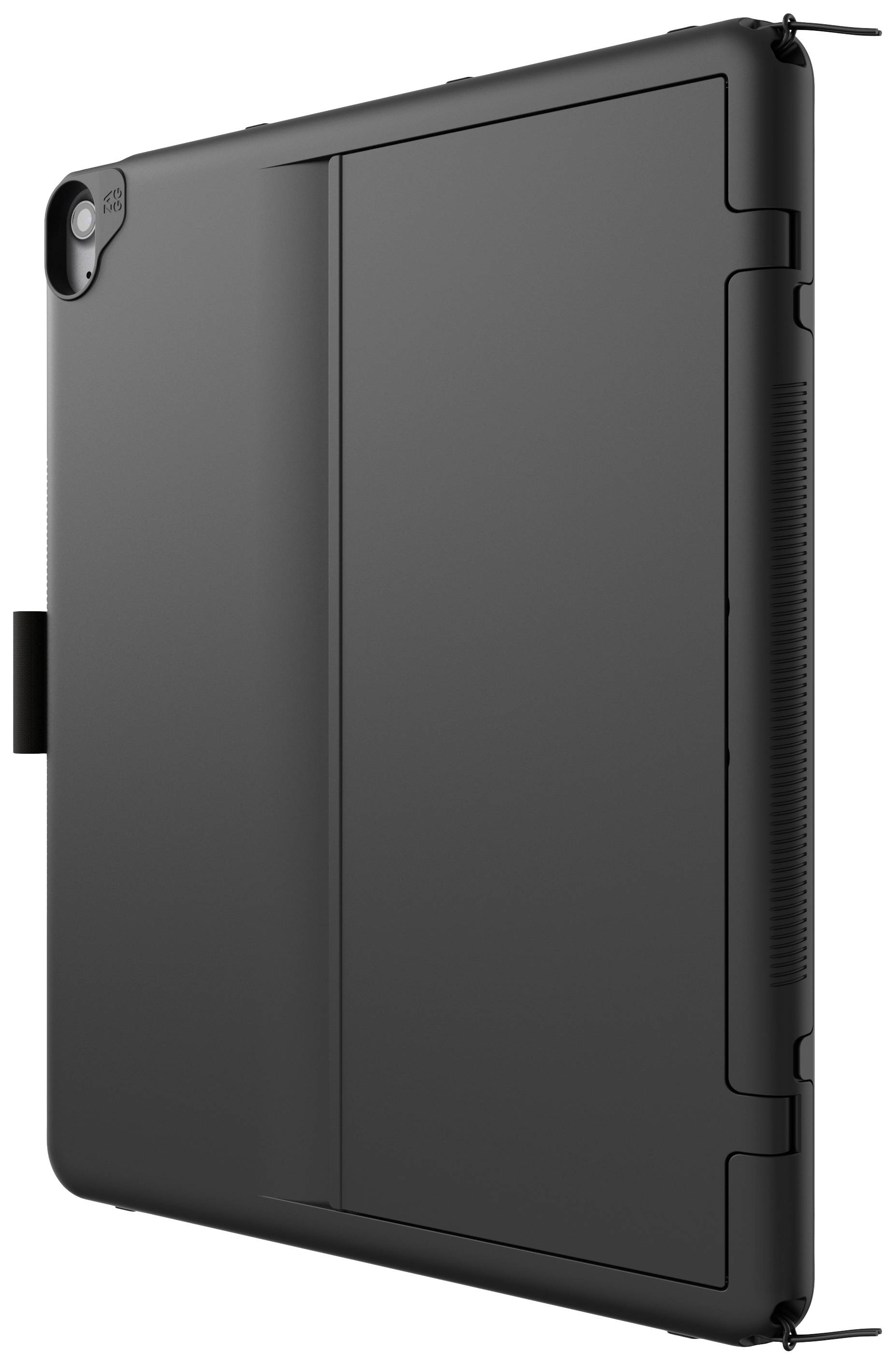 Vue arrière d'un étui de protection sombre pour tablette avec support intégré.