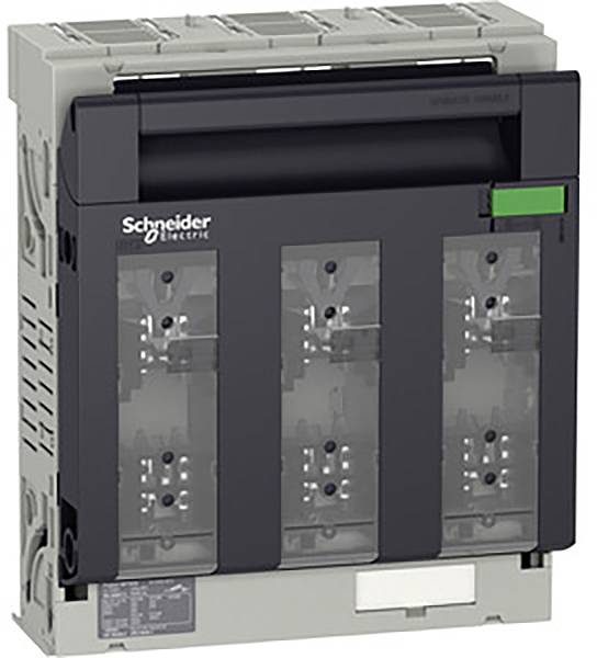Un interrupteur-sectionneur électrique de marque Schneider Electric dans un boîtier noir.