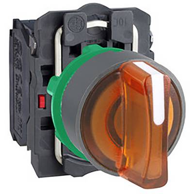 Un interrupteur à levier orange avec un boîtier vert et noir, généralement utilisé pour commander des machines ou des appareils.
