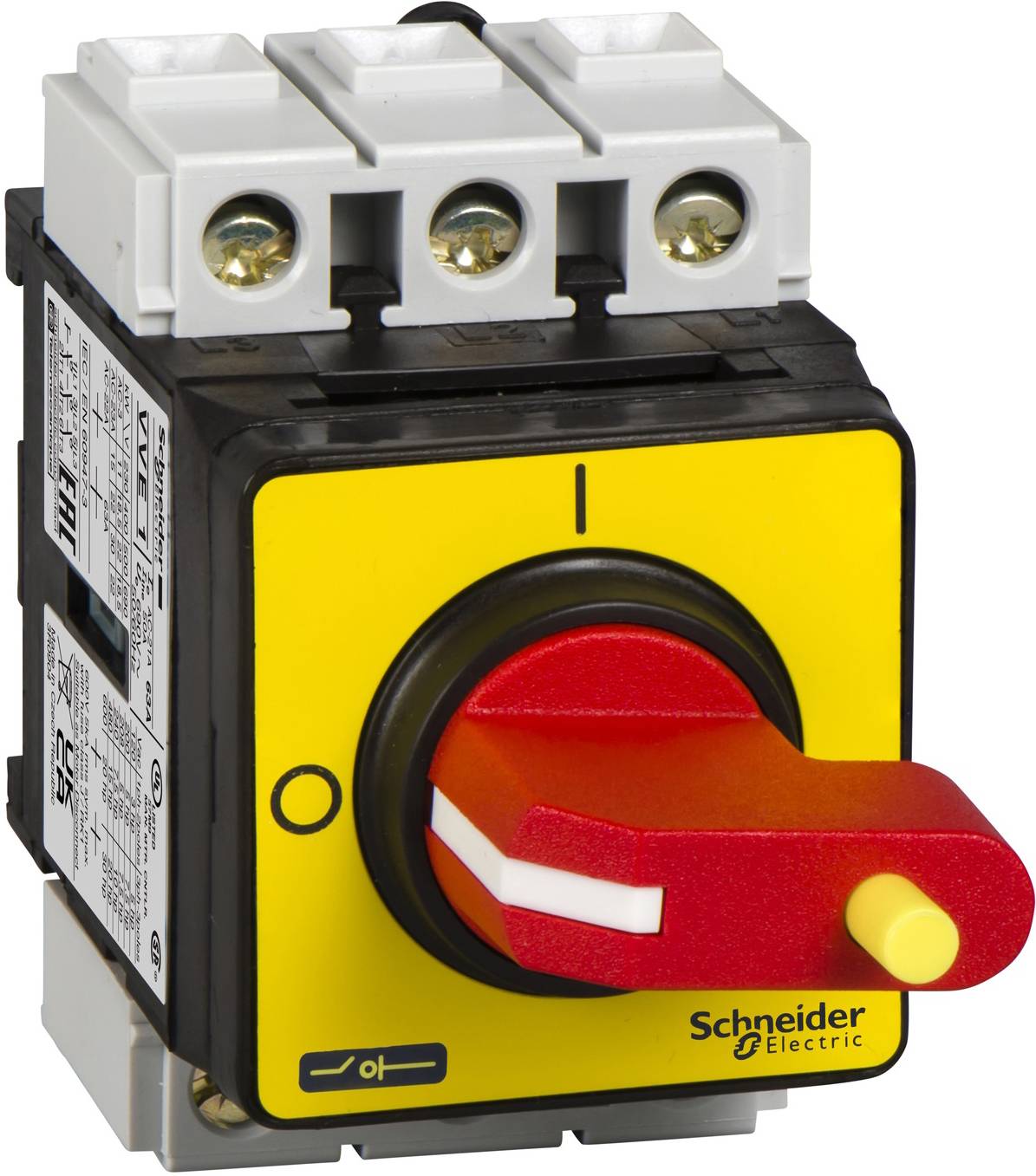 Interrupteur industriel jaune et rouge de Schneider Electric. L'interrupteur est en position 'Arrêt' et étiqueté avec des informations techniques.