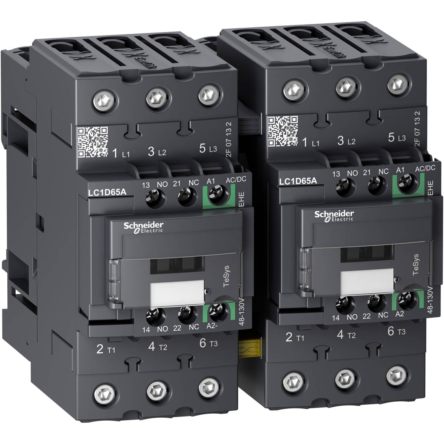 Contacteurs 'Schneider Electric' côte à côte, modèle LC1D65A. Les bornes et les étiquettes sont visibles sur la face avant.