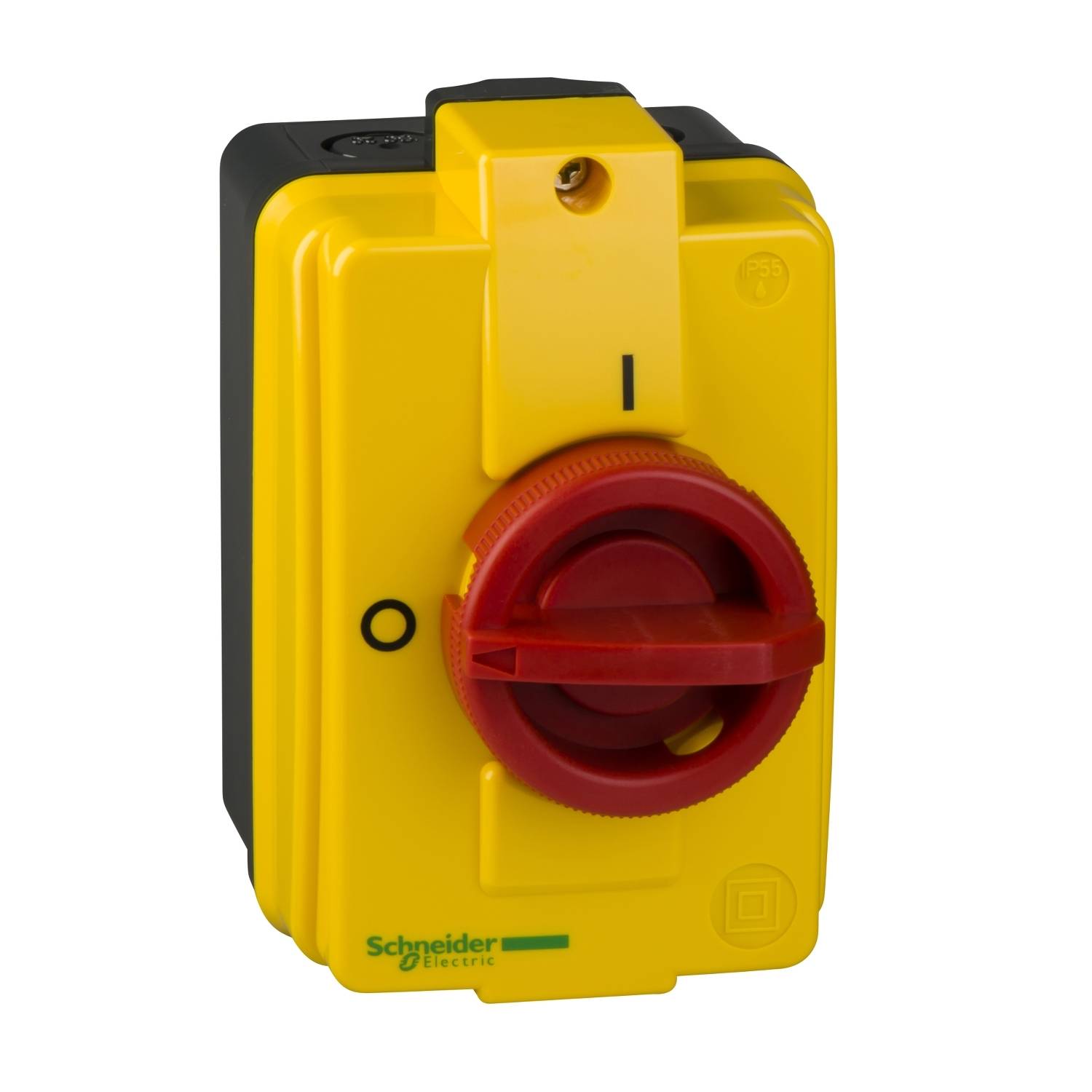 Un dispositif de commutation jaune et noir de Schneider Electric avec un commutateur rotatif rouge pour le contrôle des circuits électriques.