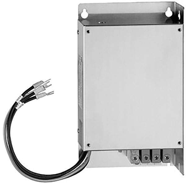 Appareil électronique dans un boîtier métallique rectangulaire, fixé au mur. Deux câbles sortent du côté gauche.
