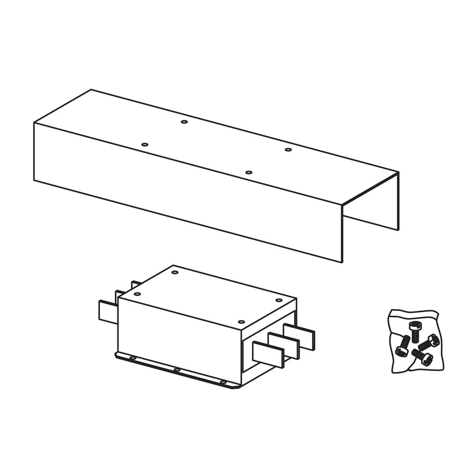 'Image d'un kit de montage : capot de protection, boîtier de commande et vis de fixation représentés.'