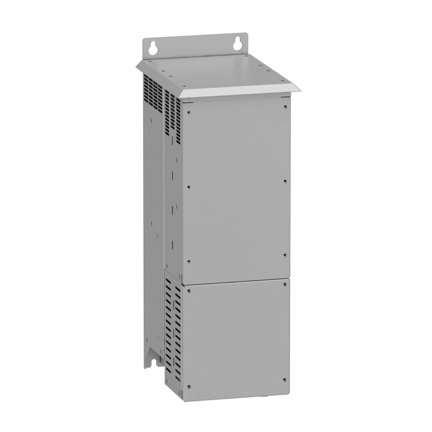 Boîtier métallique gris, rectangulaire, d'un appareil électronique avec des fentes de ventilation et un support mural, probablement destiné à un usage industriel.