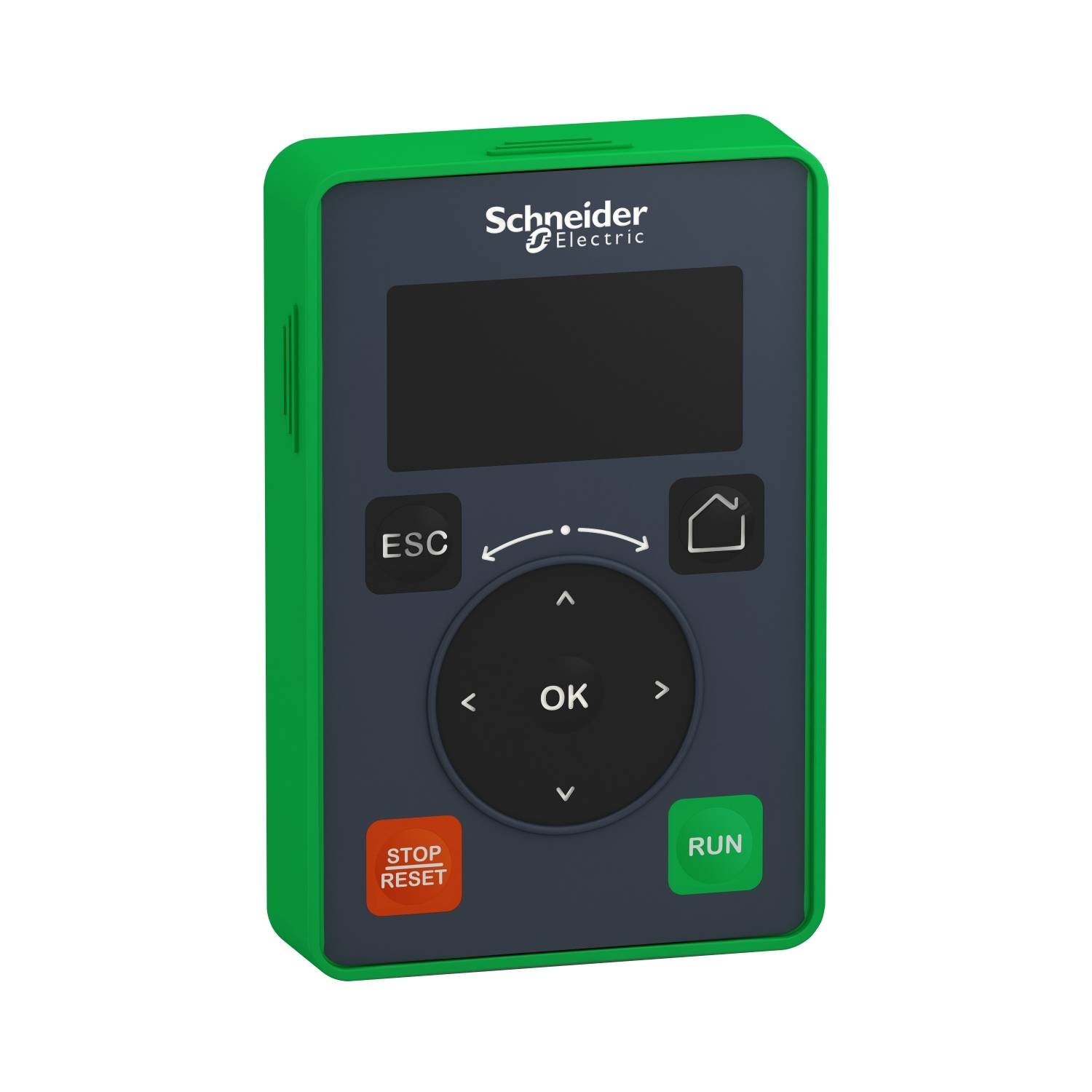 Un panneau de commande rectangulaire vert de Schneider Electric avec des touches ESC et OK, ainsi que des touches Stop-Reset et Run.