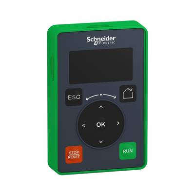 Un panneau de commande rectangulaire vert de Schneider Electric avec des touches ESC et OK, ainsi que des touches Stop-Reset et Run.