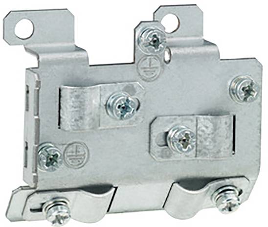 Pièce électrique métallique, plate et rectangulaire avec plusieurs vis et pattes, utilisée pour la fixation de câbles.