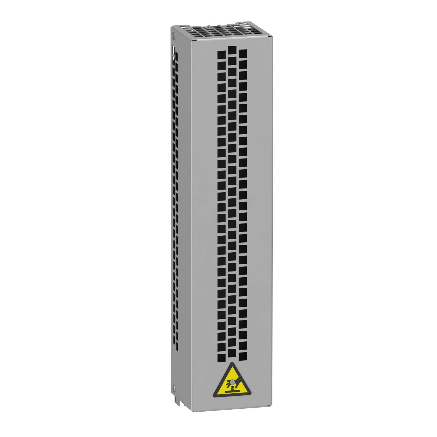 Appareil de chauffage avec des ouvertures de ventilation et un symbole d'avertissement de tension électrique sur la face inférieure.