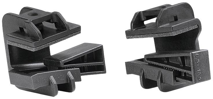 Deux pinces en plastique noir sous différents angles, adaptées pour fixer des matériaux de différentes épaisseurs.