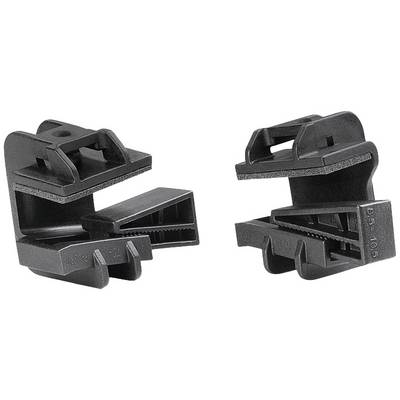 Deux pinces en plastique noir sous différents angles, adaptées pour fixer des matériaux de différentes épaisseurs.