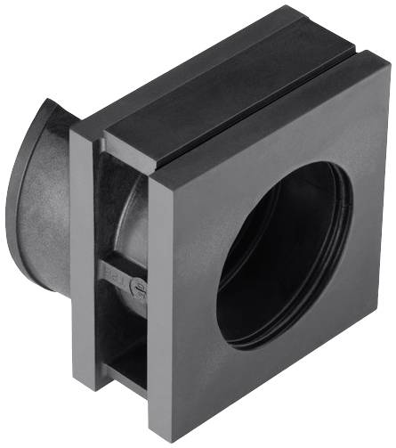Un élément de ventilation noir, rectangulaire, avec un raccordement circulaire sur le côté gauche, conçu pour l'installation dans un système de ventilation.