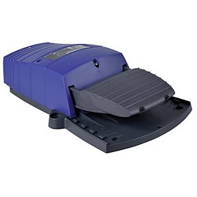Un appareil bleu, rectangulaire, avec un couvercle noir rabattable, qui rappelle un dispositif électronique de commande ou de contrôle.