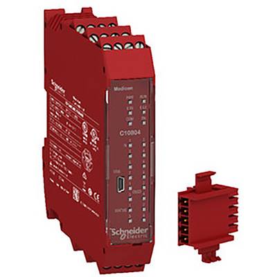 Un dispositif Modicon rouge de Schneider Electric avec plusieurs connexions. À côté se trouve un composant rouge amovible.