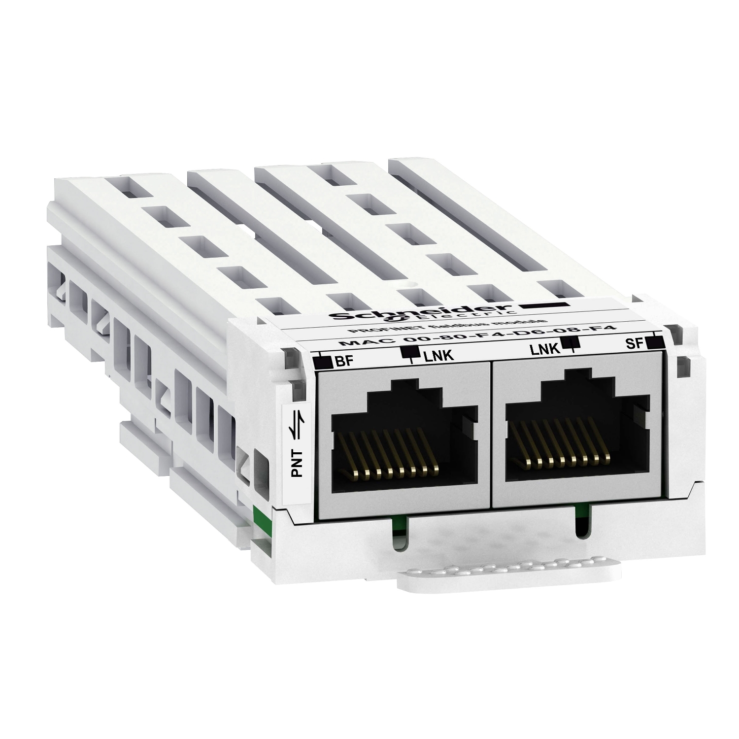 Un module réseau de Schneider Electric doté de deux ports Ethernet, marqué 'BF', 'LNK' et 'SF', destiné aux applications industrielles.