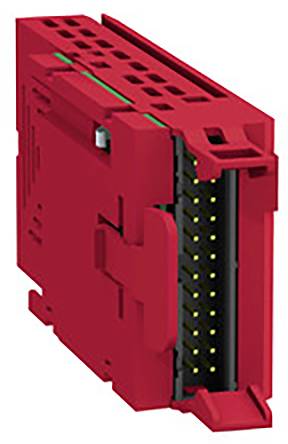 Module d'extension rouge avec plusieurs connexions, forme rectangulaire, vue latérale.