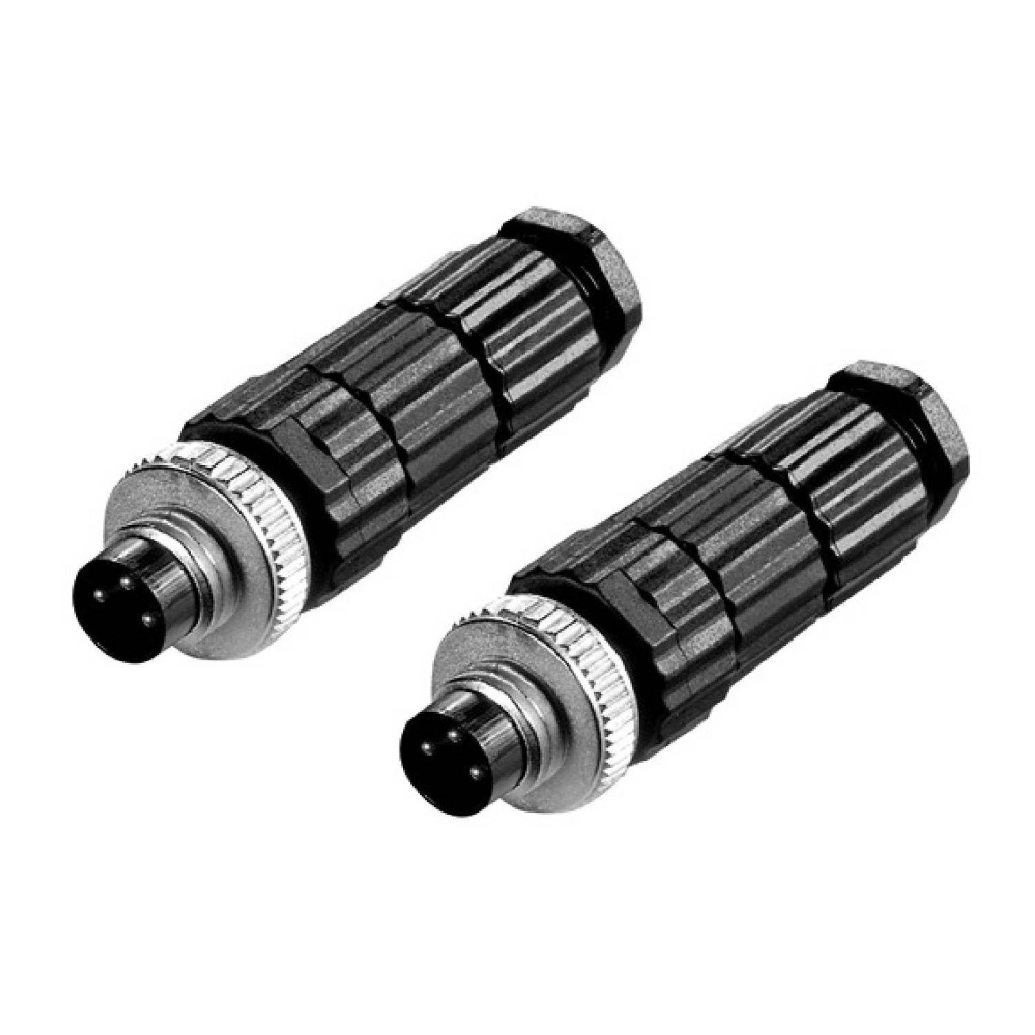 Deux connecteurs HF identiques en noir et gris côte à côte sur un fond blanc, chacun avec un boîtier strié et une connexion circulaire.