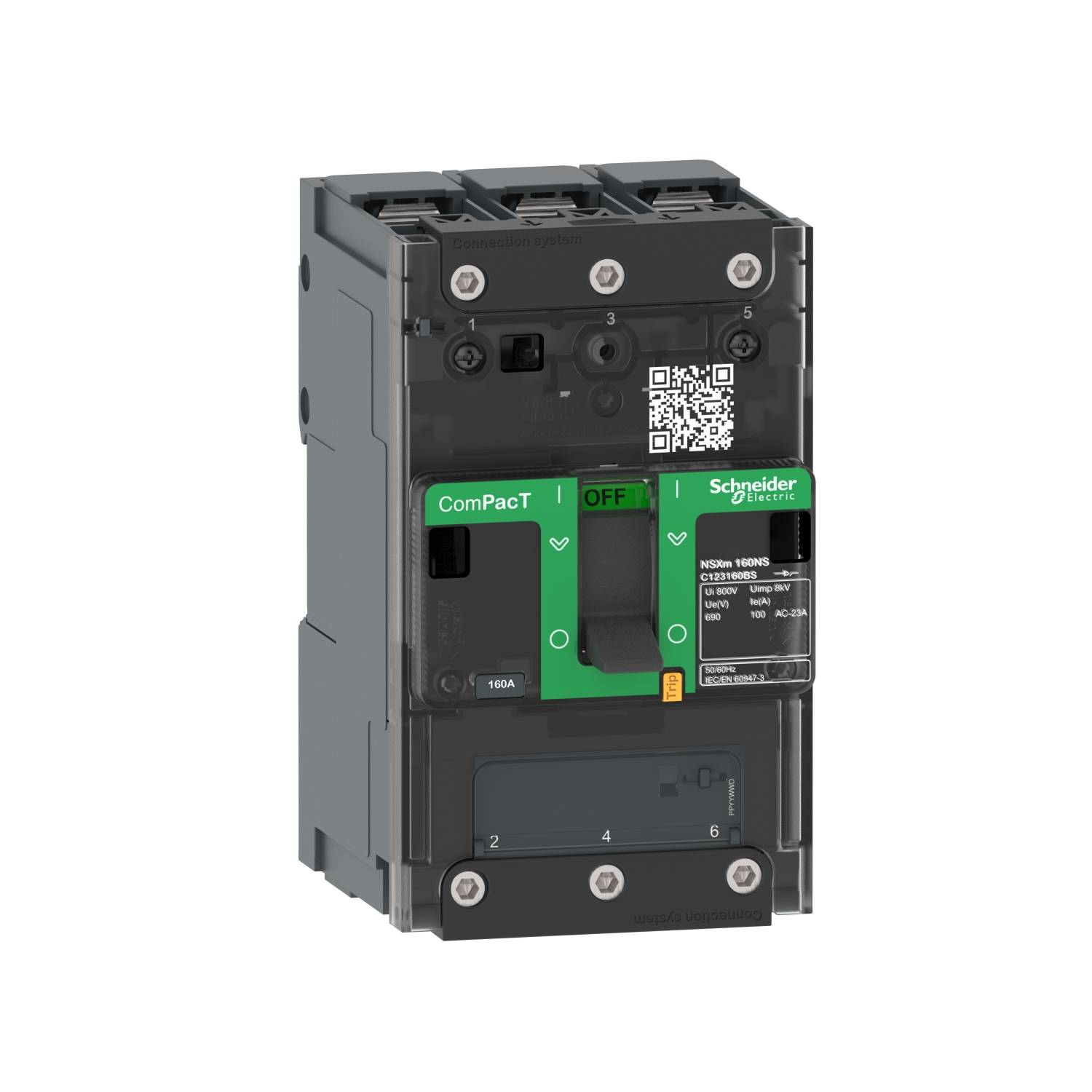 Un disjoncteur noir et gris de la marque Schneider Electric, modèle ComPacT, avec une étiquette verte et un code QR sur la façade.
