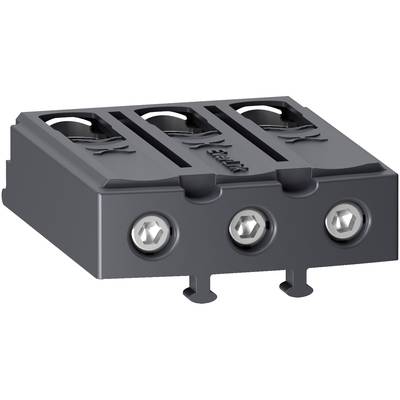 Prise électrique noire tripolaire pour connexions de câbles, avec des ouvertures pour la fixation des fils et des vis de sécurisation.