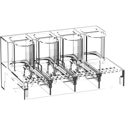 Un récipient en plastique transparent avec quatre chambres rondes, conçu pour des tests de laboratoire ou des expériences.