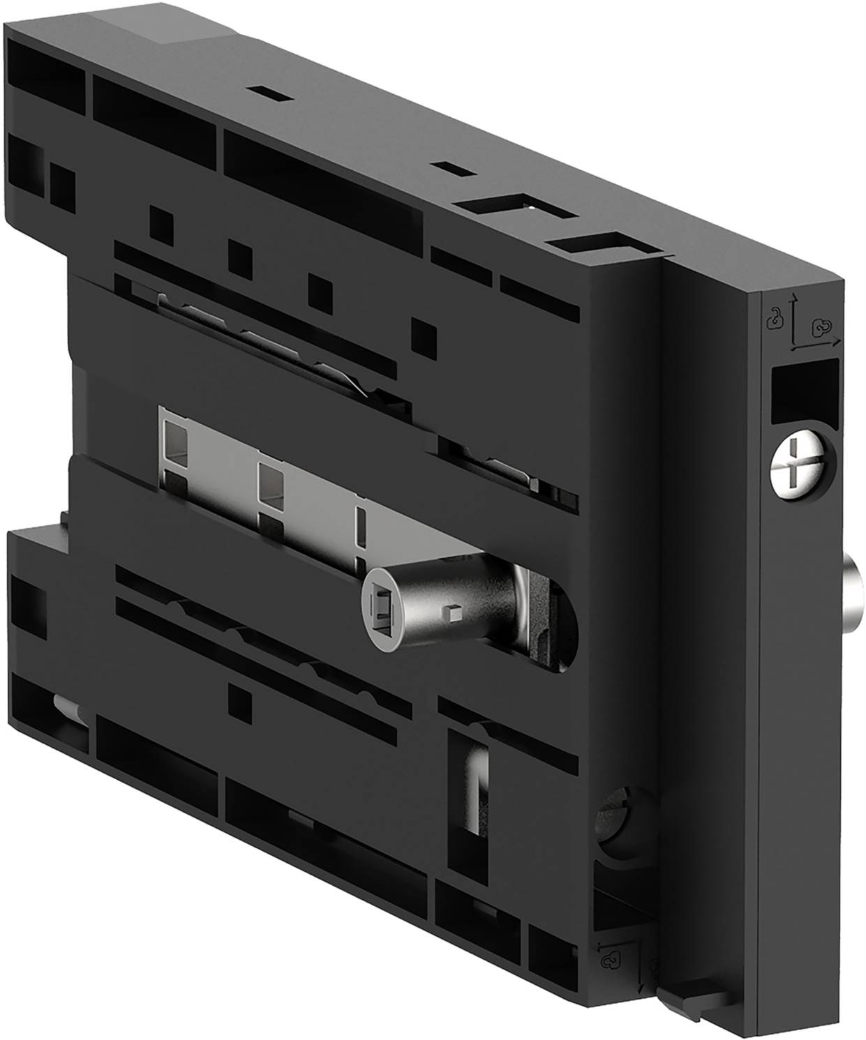 Un composant technique noir, rectangulaire, doté de plusieurs fentes et d'un boulon métallique cylindrique en son centre.