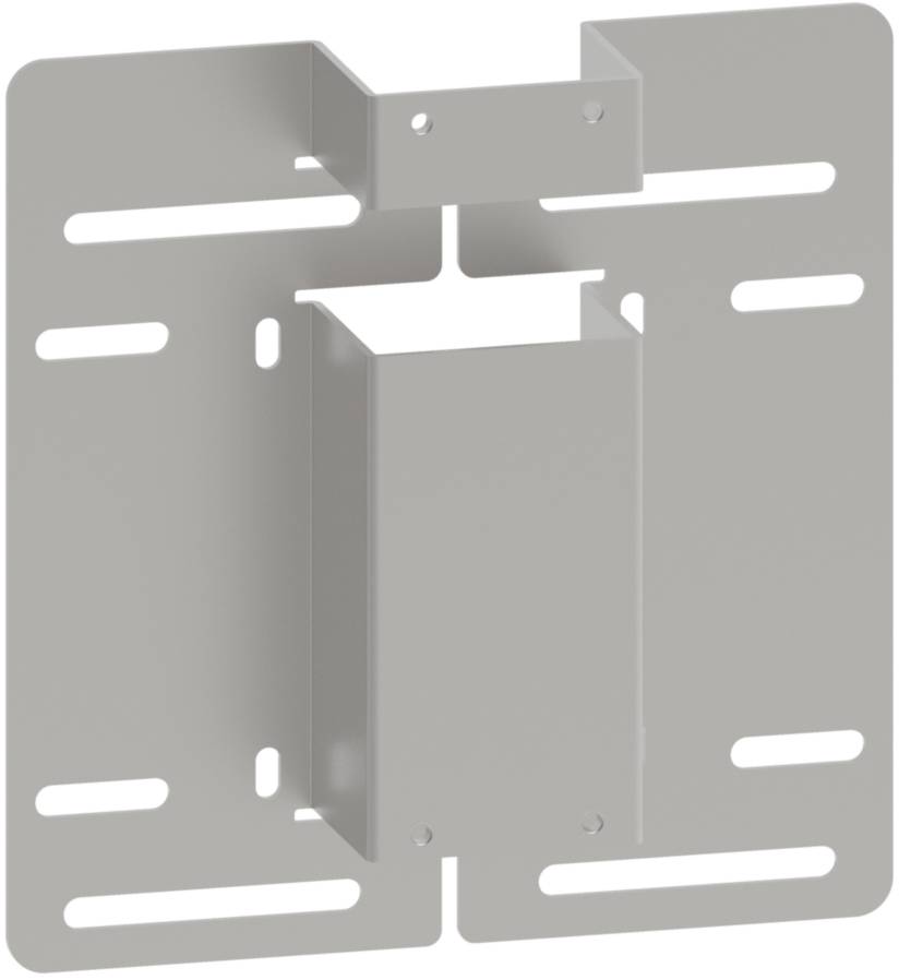 Pièce de fixation métallique grise avec des ouvertures rectangulaires, conçue de manière symétrique. Adaptée pour la fixation murale d'appareils ou de structures.