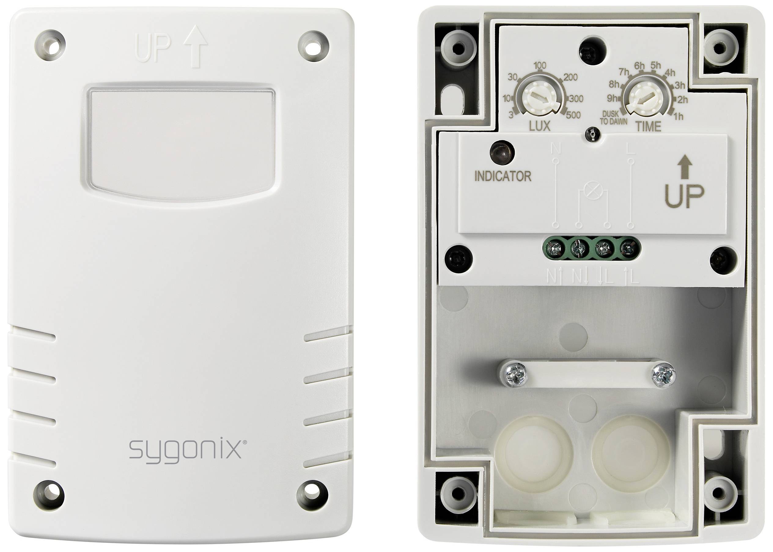 Un détecteur de mouvement blanc de sygonix, représenté de face et de dos. Le dos présente des réglages pour l'intensité lumineuse (LUX) et le temps (TIME).