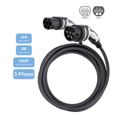 Câble de charge pour véhicules électriques, 32A, longueur de 5m, puissance maximale de 22kW, connexion triphasée, avec fiche femelle et mâle.