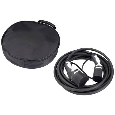 Câble de charge pour véhicules électriques avec pochette de rangement noire. Le câble possède deux fiches et est enroulé en cercle.