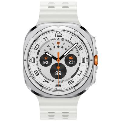 Une montre connectée argentée avec un bracelet blanc affiche l'heure analogique, la température (23°C), la fréquence cardiaque (89) et le nombre de pas (3 457).