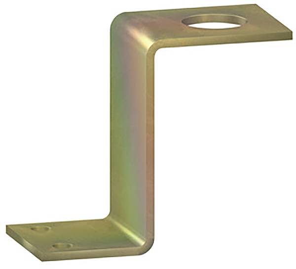 Équerre métallique en forme de L avec des perforations aux deux extrémités, utilisée pour des fixations ou des connexions structurelles.