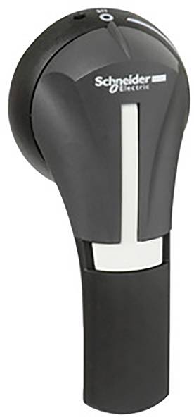 Poignée de commutation noire, ovale, de Schneider Electric avec marquage blanc et fonction verrouillable.