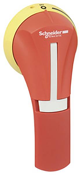 Bouton d'arrêt d'urgence de Schneider Electric avec base jaune, tourné en position '0', pour l'arrêt de la machine.