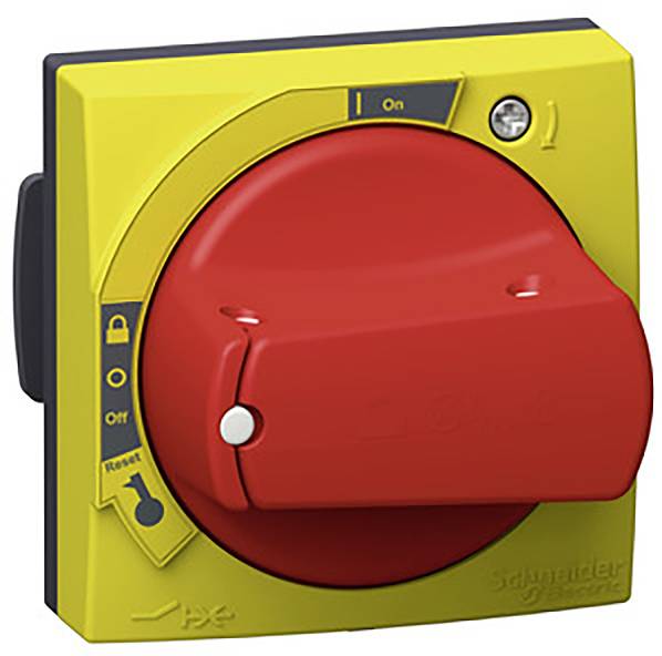 Un bouton d'arrêt d'urgence rouge avec un boîtier jaune, positionné sur 'Arrêt'. Ce bouton sert à l'arrêt de sécurité des machines.