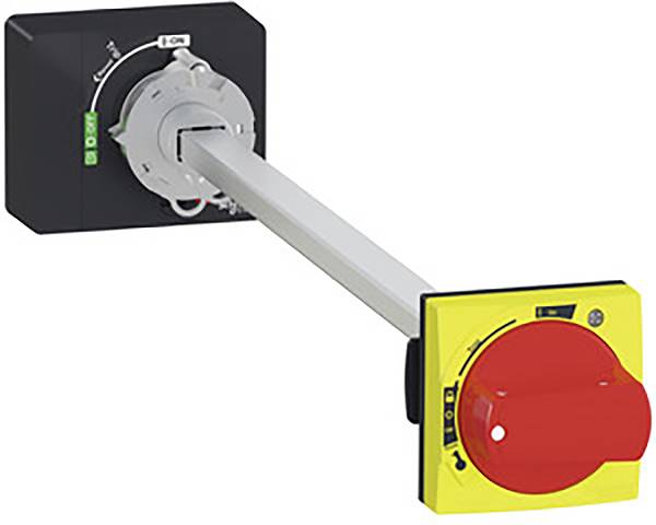 Un interrupteur rouge sur un boîtier jaune, monté sur une plaque noire. L'interrupteur indique les positions 'ON' et 'OFF'.