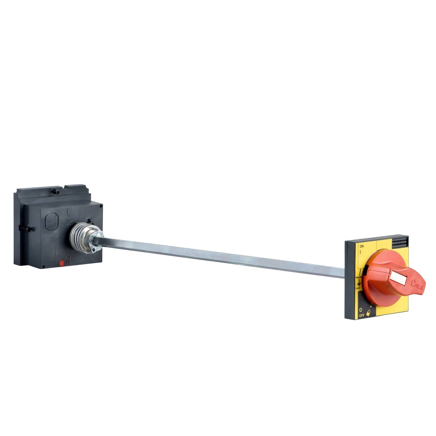 Un interrupteur principal rouge et jaune avec bras de prolongation, utilisé pour interrompre en toute sécurité le circuit électrique dans les installations électriques.