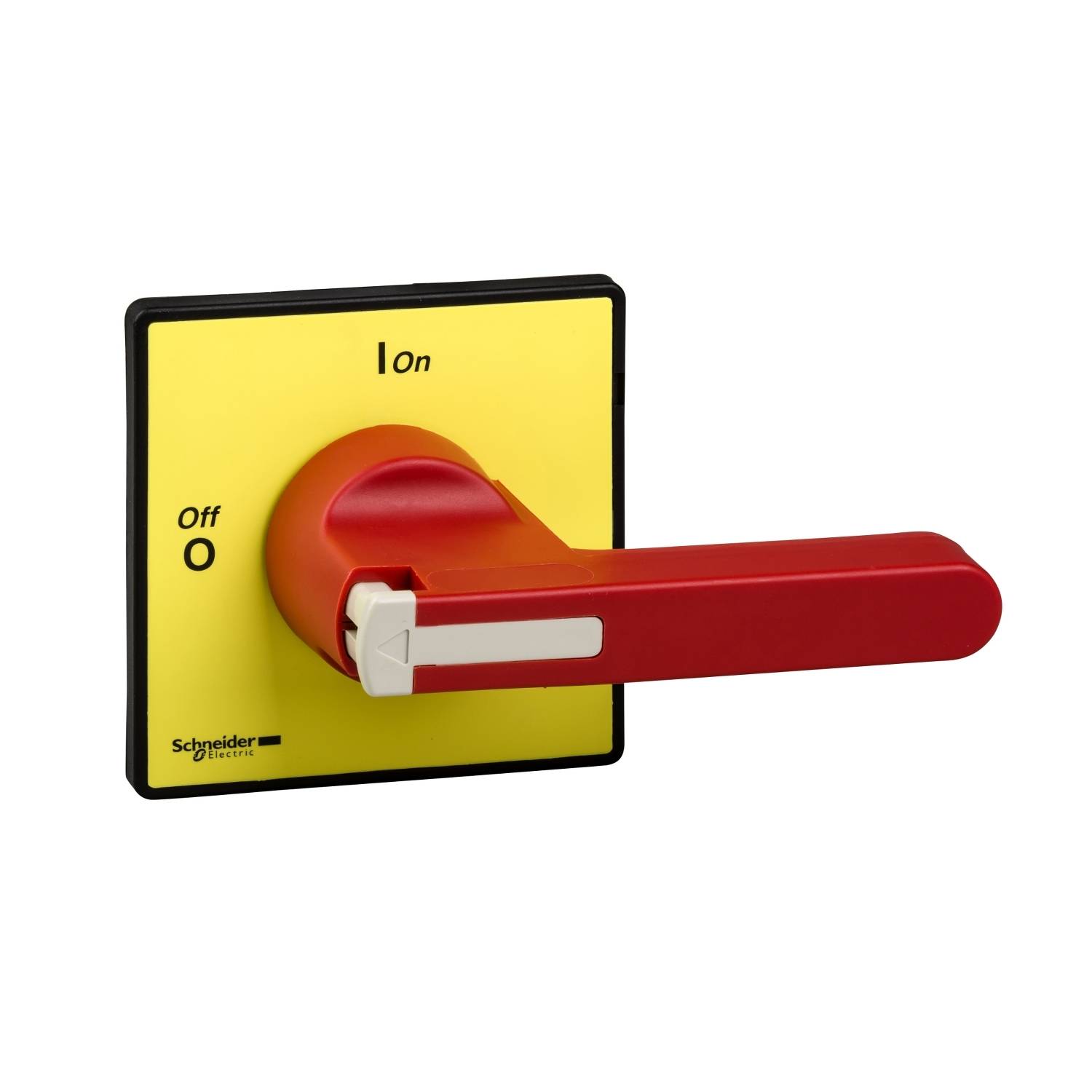 Un bouton d'arrêt d'urgence rouge sur un fond jaune, marqué des paramètres 'Off' et 'On'. Fonction de protection pour les machines.