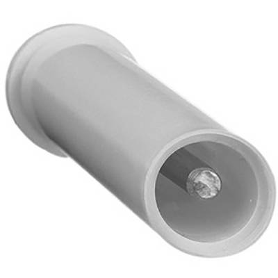 Garniture cylindrique creuse en plastique gris avec une tige métallique visible au centre, probablement destinée au montage de meubles.