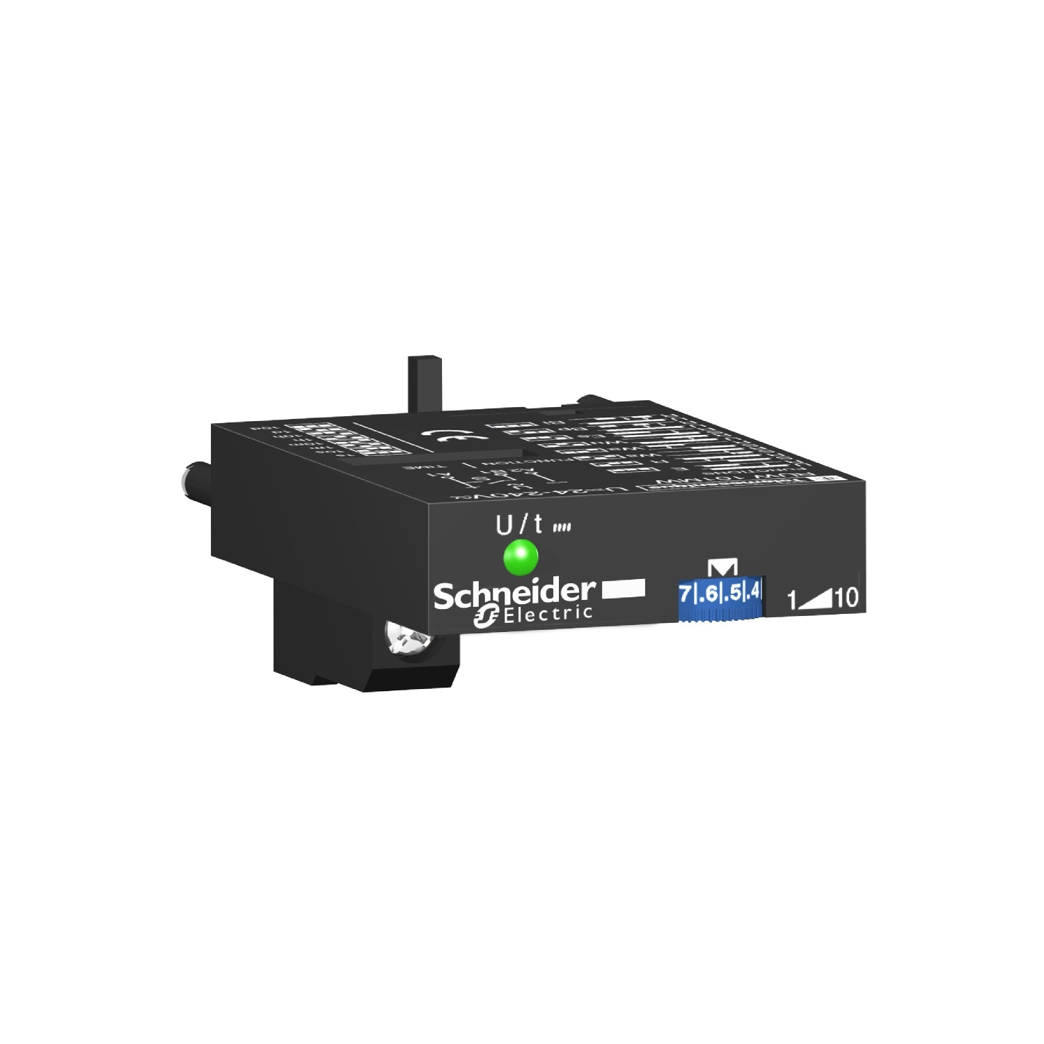Un appareil électronique noir non identifiable de Schneider Electric portant des étiquettes et des marquages bleus.