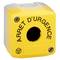 Un boîtier jaune de sécurité portant l'inscription 'ARRÊT D'URGENCE'. Il comporte une ouverture pour un bouton et est destiné aux circuits de sécurité.