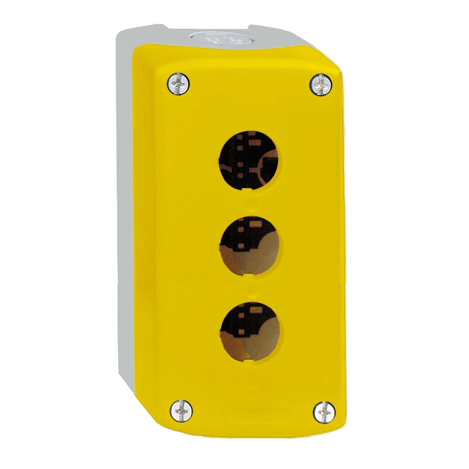 Un boîtier rectangulaire jaune avec trois ouvertures rondes sur la face avant.