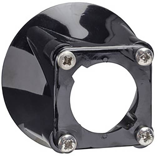 Adaptateur de maintien en plastique noir avec quatre vis métalliques visibles et un noyau rond ouvert.