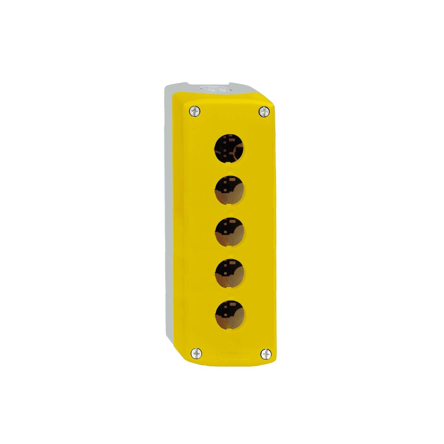 Tableau de commande jaune avec cinq découpes circulaires pour boutons.