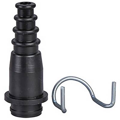 Un adaptateur noir avec plusieurs rainures et un clip profilé. L'adaptateur pourrait servir à connecter des tuyaux.