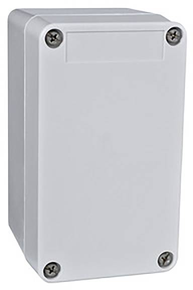 Un boîtier rectangulaire gris avec des angles arrondis et quatre vis visibles à chaque coin.