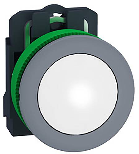 Un bouton-poussoir gris et rond sur un fond noir, partiellement entouré d'un anneau vert, destiné au contrôle ou à l'activation.