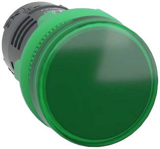 Élément bouton vert, rond, sur un socle noir, typique des panneaux de commande ou des systèmes de contrôle industriels, mis en évidence pour sa visibilité.