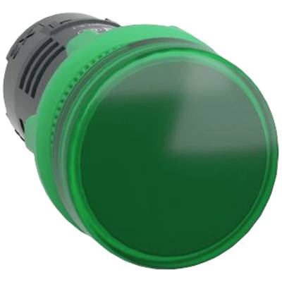 Élément bouton vert, rond, sur un socle noir, typique des panneaux de commande ou des systèmes de contrôle industriels, mis en évidence pour sa visibilité.