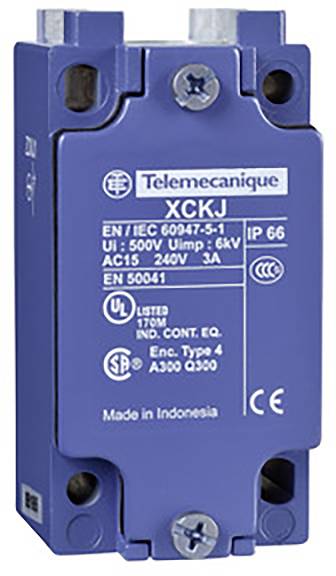 Un modèle de contacteur Telemecanique bleu XCKJ avec des spécifications électriques : AC15, 500V, 3A, IP66, fabriqué en Indonésie.